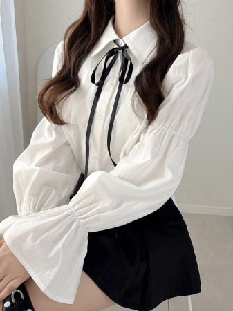 FRIFUL レディース ノット付き シングルブレスト プリーツ カジュアル 多用途 デイリーウェア シャツ 春服